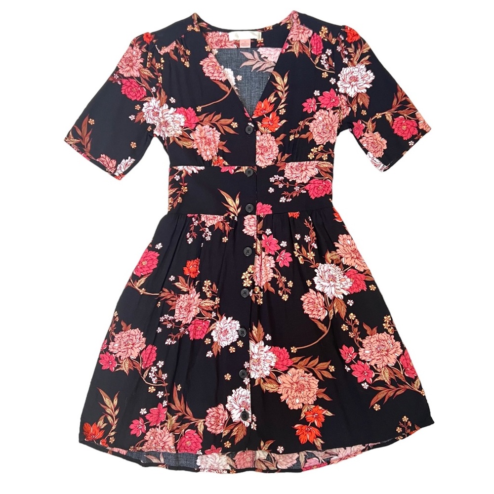 Band of Gypsies Mini Dress XS Black Floral Boho Button Down Fit Flare Casual